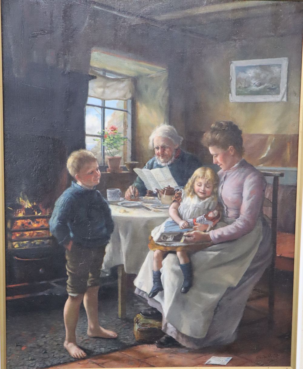 Claude Pratt (1860-1935), oil on canvas, cottage interior with a family seated around a table, 61 x 48cm